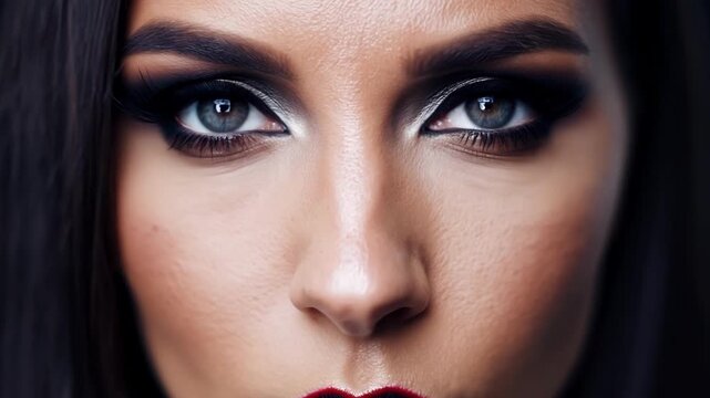 Close up of a woman with perfect skin showcasing smokey eye makeup and red lipstick, emphasizing the beauty and artistry of professional makeup application