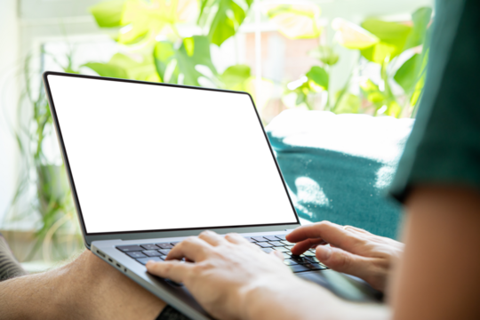 Person working on a laptop with a blank screen, in a bright and green environment full of plants. Perfect image for presenting user interfaces, remote work, or design templates.