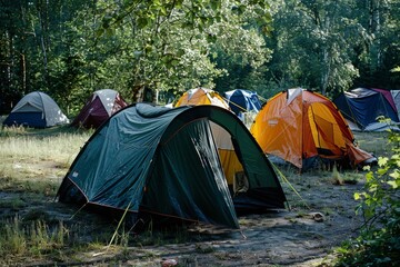 A field populated with various tents, illustrating a bustling outdoor gathering or recreational camping area, Tents and tarps set up in open spaces, AI generated