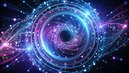 Obraz premium A futuristic digital representation of circular data visualization, showcasing interconnected nodes and swirling patterns in shades of blue and purple on a dark background.