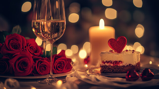 Romantic Valentine’s Day Candlelit Dinner Setup with Red Roses, Wine Glasses, and Heart-Shaped Cake in an Elegant, Dimly Lit Setting