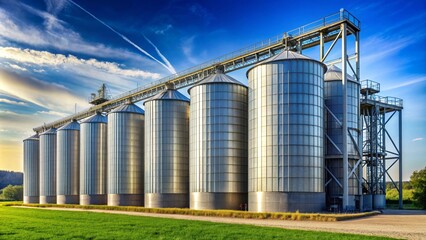 Industrial grain silos standing tall in a spacious outdoor setting, agriculture, storage, silo, rural, farming, industry, structure