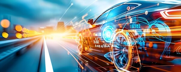 Futuristic Car Speeding on a Highway.