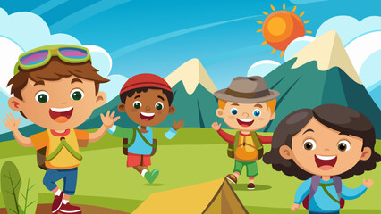 happy kids on an adventure vector art illustration