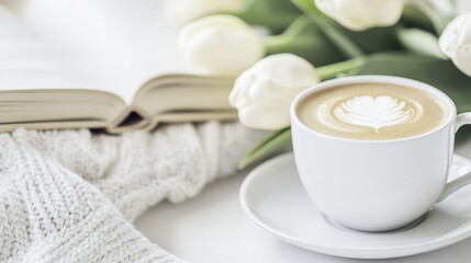 Cozy Morning Coffee with Book and Tulips
