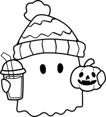holding, minimalist, holiday season, cartoon, sticker, printable, beige, print, black thin lines, winter, cute, ghost, beverage, vector, christmas, drink, spooky, coffee, illustration, mug