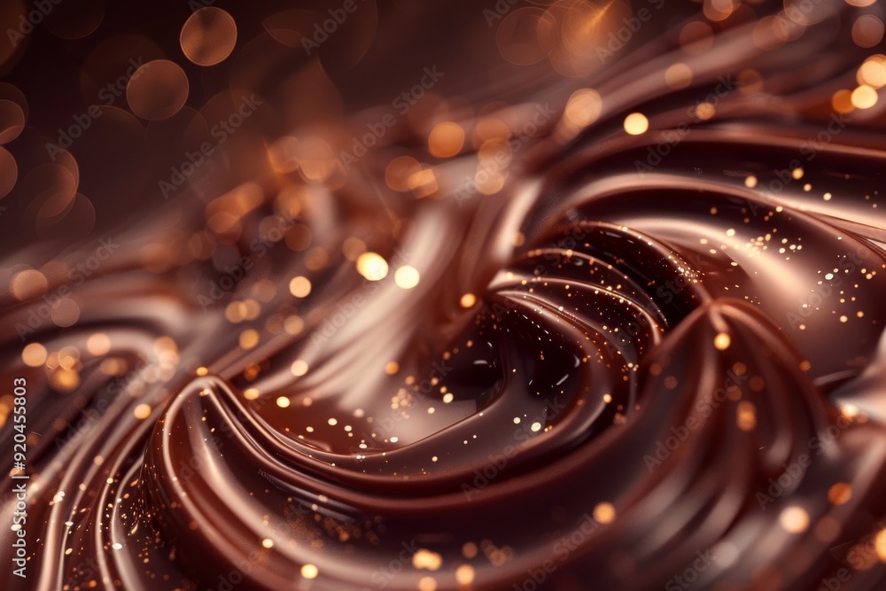 Poster an artistic display of chocolate swirls on a deep, dark background, emphasizing the richness and tex