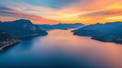 A breathtaking view of a body of water surrounded by mountains and a vibrant sunset sky.