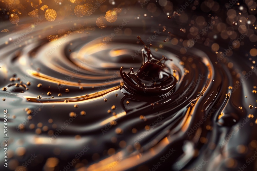 Poster an artistic display of chocolate swirls on a deep, dark background, emphasizing the richness and tex