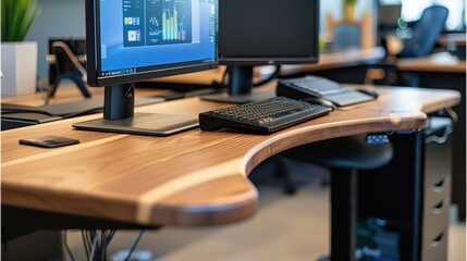 Naklejka premium Ergonomic Workspace: A customized work environment designed to reduce discomfort and improve productivity, incorporating adjustable furniture and ergonomic tools tailored to the user’s needs. 