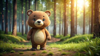 Cute cartoon bear character standing in a forest , wildlife, animal, bear, cartoon, character, cute, forest, nature, mammal