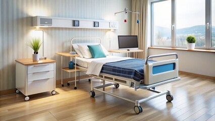 A modern hospital room with a metal bed, medical equipment, and a tablet computer on a rolling stand, symbolizing technology in healthcare.
