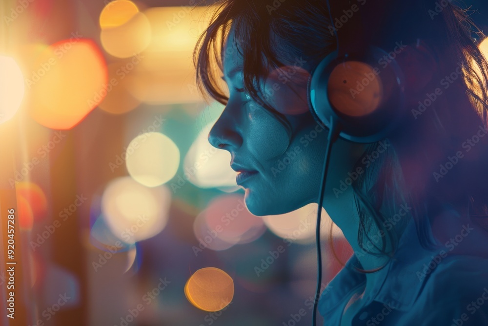 Poster supportive customer service agent offering assistance with a technical problem with bokeh effect, ai