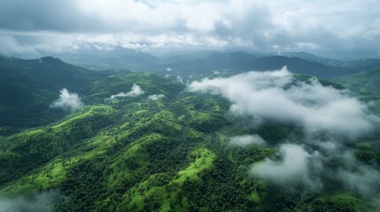 A breathtaking view of rolling green hills shrouded in wispy clouds, creating a mesmerizing landscape.