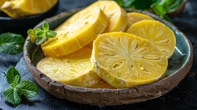Pieces of cooked breadfruit arranged on a dish against a deep backdrop.