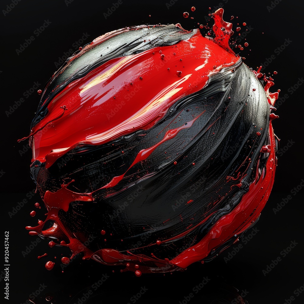 Poster a visually striking 3d sphere that is adorned with swirling patterns of vibrant red and deep black p