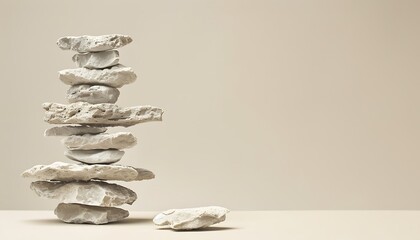 A stack of rough jagged limestone rocks arranged in a balanced tower set against a neutral beige background for a natural aesthetic.