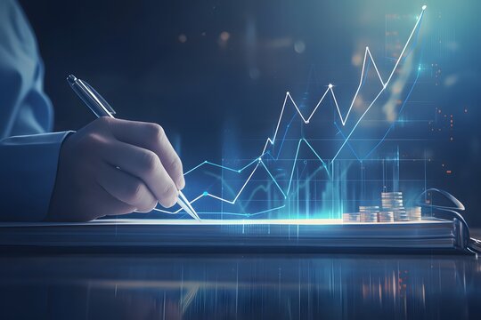 Hombre de negocios haciendo planificaci&oacute;n financiera con gr&aacute;fico ascendente y texto de Jerry sobre mesa de madera, concepto de fondo de pantalla virtual para crecimiento empresarial o monedas