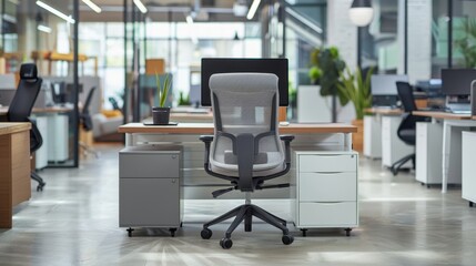 Ergonomic Workspace: A setup optimized for comfort and efficiency, with adjustable furniture and tools designed to reduce strain and enhance employee productivity and well-being.
