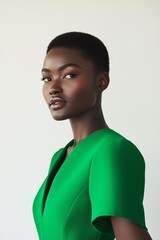 Obraz premium model with deep brown skin and short, natural black hair, wearing a vibrant green, short sleeved dress.