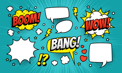 Pop art comic book speech bubbles and sound effects