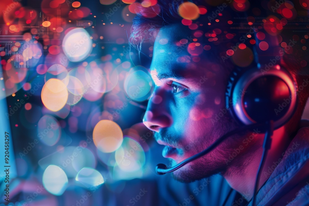 Aufkleber supportive customer service agent offering assistance with a technical problem with bokeh effect, ai
