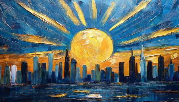 Impasto Cityscape in Blue and Gold: Dark Landscape Illuminated by the Sun