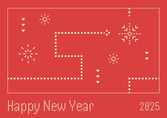 Naklejka premium Happy New Year banner with electronic snake game, pixel snowflakes. 8 bit background, nostalgia of 1990s concept. Christmas vector illustration. Symbol of 2025. Retro abstract graphics.