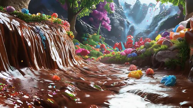 Chocolate river flowing through a candy garden.