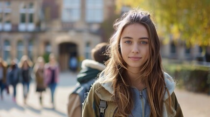A girl with long hair is standing in front of a building