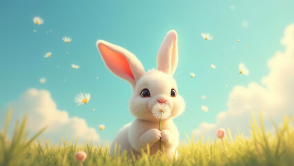 Obraz premium Cute bunny with flower and copy space