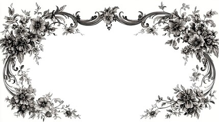 Ornate Art Nouveau border frame with symmetrical floral patterns, black and white color palette