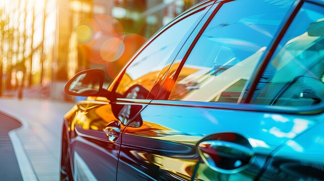 Side view of car window tint, ceramic film provides heat rejection and UV protection with stable color, car film installed on the glass surface of the , selected focus car tinting service