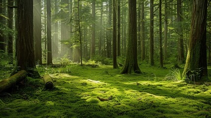 Obraz premium Experience the serene beauty of a lush forest, where the sunlight filters through the dense canopy of trees, casting dappled shadows on the forest floor covered in vibrant green moss.