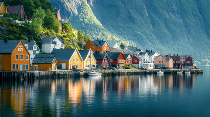 Naklejka premium Vibrant village mirrored in the serene waters of a norwegian fjord on a sunny summer day