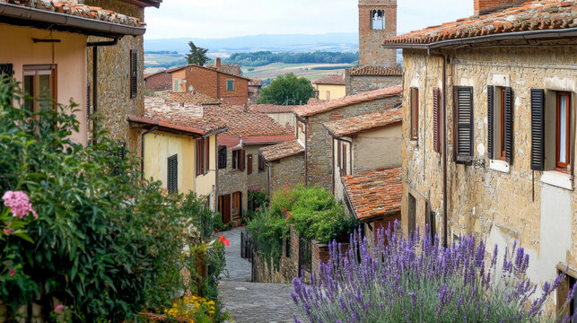 Fototapeta Narrow street lined with flowers leads through an ancient italian village in tuscany