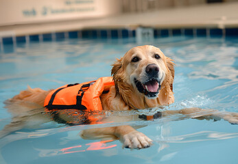 A golden retriever dog is swimming in a pool wearing an orange life jacket. The dog is happy and enjoying the water. Ai generative.