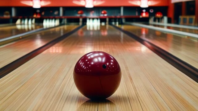 Red bowling ball rolling down the lane, close-up. Bowling club background with equipment.