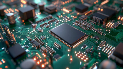 Central processing unit is performing complex calculations on a circuit board with glowing lights
