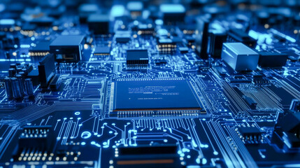 Modern cpu processing unit is communicating with a motherboard circuit with blue lights