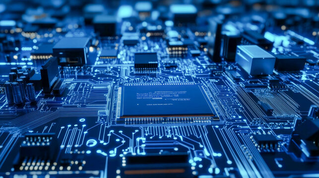 Modern cpu processing unit is communicating with a motherboard circuit with blue lights