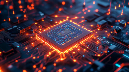 Glowing computer processor processing data on circuit board with illuminated connections