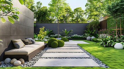 Chic garden space with clean lines and monochromatic plant palette, Minimalist garden design ideas, Elegant modern garden