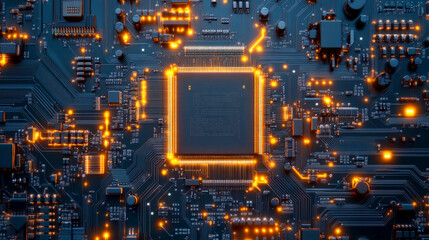 Contemporary cpu is processing data on a motherboard, casting a warm orange glow over the circuits