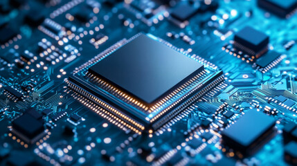 Modern cpu chip shines on a motherboard, revealing intricate circuitry and showcasing digital power. Explore the futuristic semiconductor up close