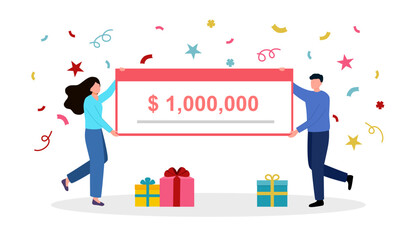 Happy man and woman holding a bank check for a million dollars. Lottery gain or grant concept. Win bonus reward.