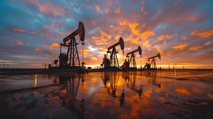 Oil pumps silhouetted against a vibrant sunset in an oil field, showcasing extraction activity at dusk