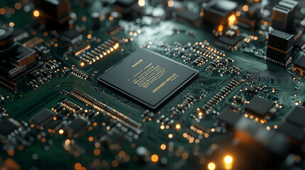 Obraz premium Activating a contemporary cpu, casting a green glow on the nearby components of a circuit board