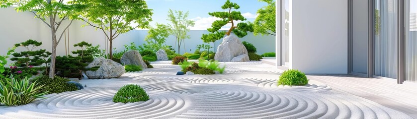 Minimalist garden with zen elements like raked sand and sparse plantings, Minimalist garden design ideas, Zen-inspired garden simplicity