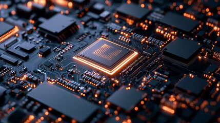 Modern cpu processor performing complex calculations on a motherboard, illuminating the circuitry with orange light
